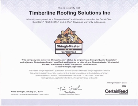 Timberline Roofing Solutions is recognized as as a ShingleMaster