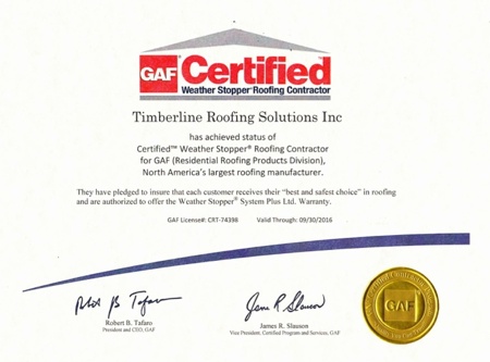 Timberline Roofing Solutions has achieved the status of GAF-Elk Certified Weather Stopper Roofing Contractor